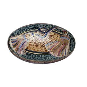 Vintage Decorative Oval Porcelain Box With Hand-Painted Macau Bird Design Gold D